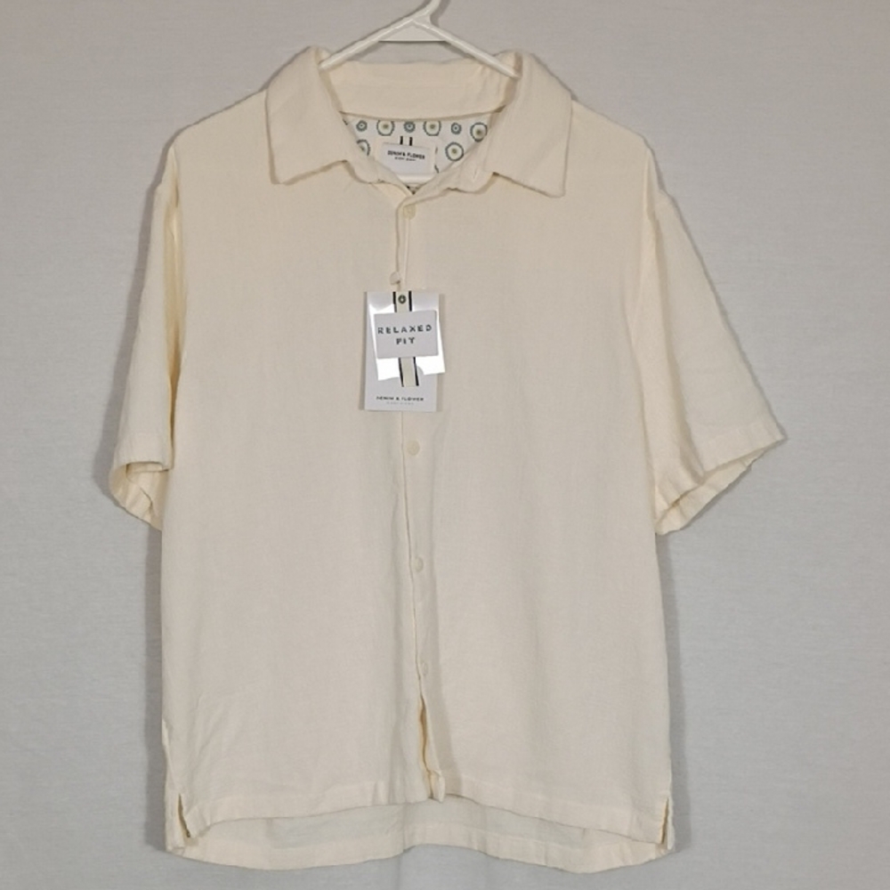 NWT Denim & Flower Cream Coord Texture Short Sleeve Button Down Mens Size XL